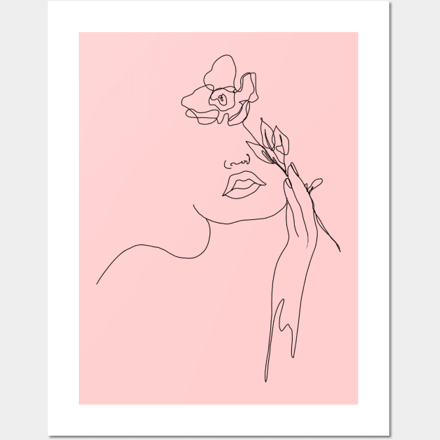 One line drawing of a woman holding a flower Wall Art by thecolddots